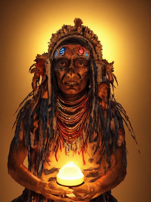 Image similar to fine painting of a death shaman from an ancient culture with mushrooms growing from his body, candlelight, 8 k, ultra realistic, lens flare, atmosphere, glow, detailed, intricate, full of colour, cinematic lighting, trending on artstation, 4 k, hyperrealistic, focused, extreme details, unreal engine 5, cinematic, masterpiece