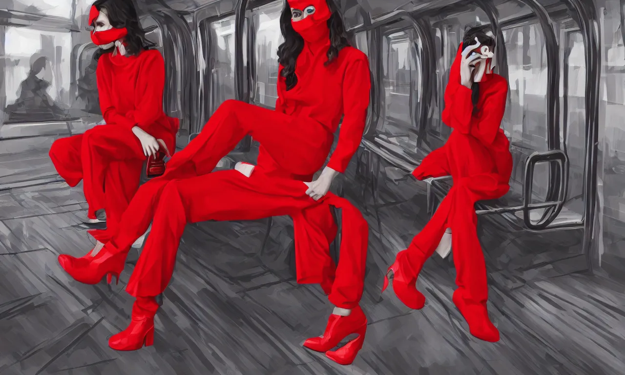 Prompt: a pretty woman sits on the train, wearing a red jumpsuit, a red domino mask, and red platform shoes, digital art, highly detailed, 4 k