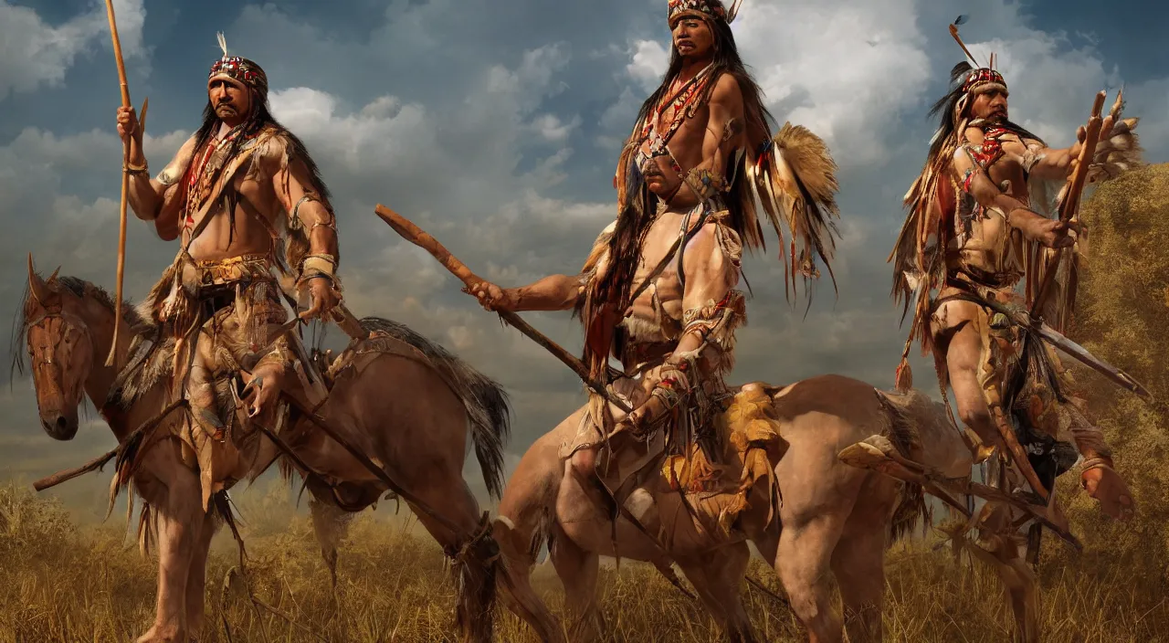 Prompt: a native american chief holding a spear while sitting on a war horse, in the style of greg overton, hyperdetailed, hyperrealism, octane render, golden ratio, 4 k,