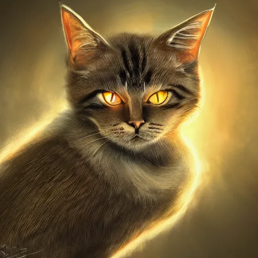 Image similar to a cat with a halo, highly detailed, fantasy, concept art, large yellow eyes, smooth art, illustration, sharp focus, artstation, digital art