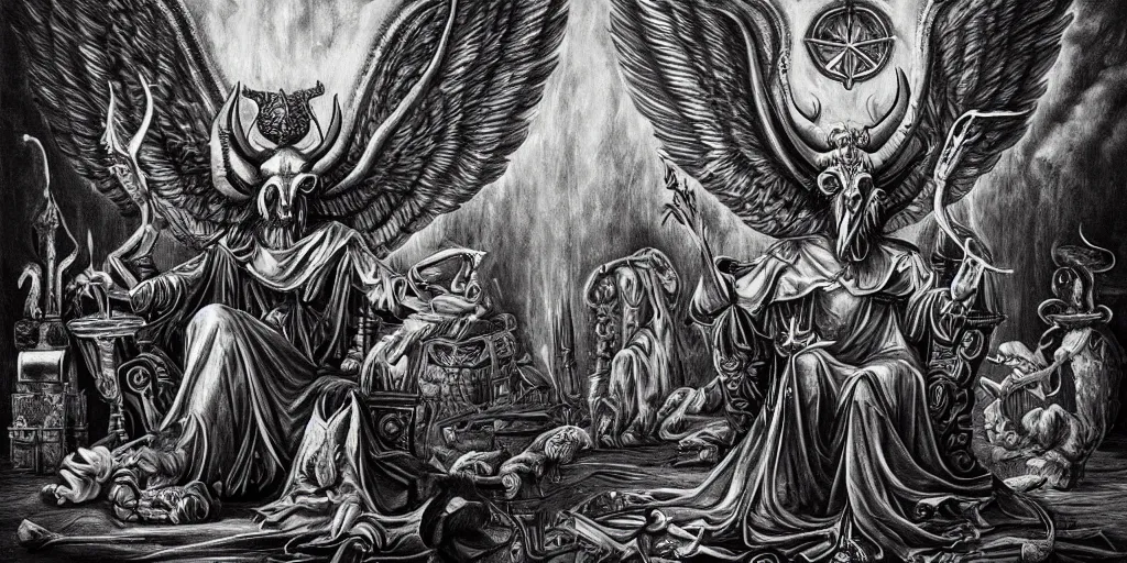 baphomet surrounded by occult symbols sitting on a | Stable Diffusion