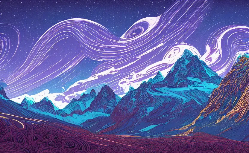 Image similar to mountains, stars and paisley filled sky, artstation, intricate, highly detailed, digital painting, concept art, sharp focus, illustration by Charles Williams and Kilian Eng