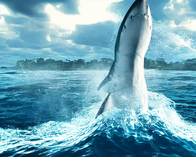 Prompt: water art manipulation of a giant shark on the ocean water, hyper realistic, ray tracing, realistic water splashes, sharp focus, 8 k resolution, cinematic