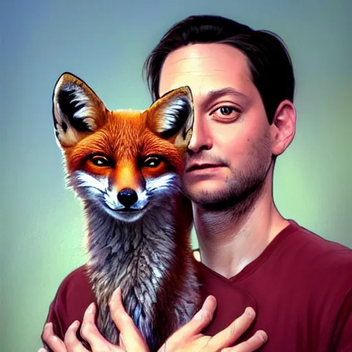 Image similar to tobey maguire and a red fox, intricate, highly detailed, digital painting, artstation, concept art, smooth, sharp focus, illustration, unreal engine 5, 8 k, art by artgerm and greg rutkowski and alphonse mucha