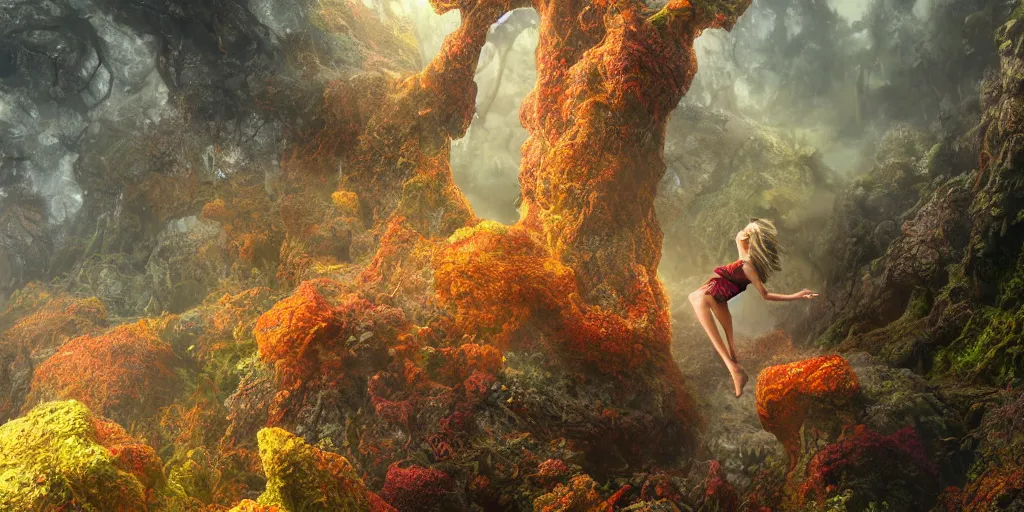 Image similar to Photorealistic intricate detailed picture of a levitating floating woman made from colorful fungus tendrils, with arms outstretched. a gentle rising mist, an epic rocky landscape. occult photorealism, UHD, amazing depth, glowing, golden ratio, 3D octane cycle unreal engine 5, volumetric lighting, cinematic lighting, cgstation artstation concept art