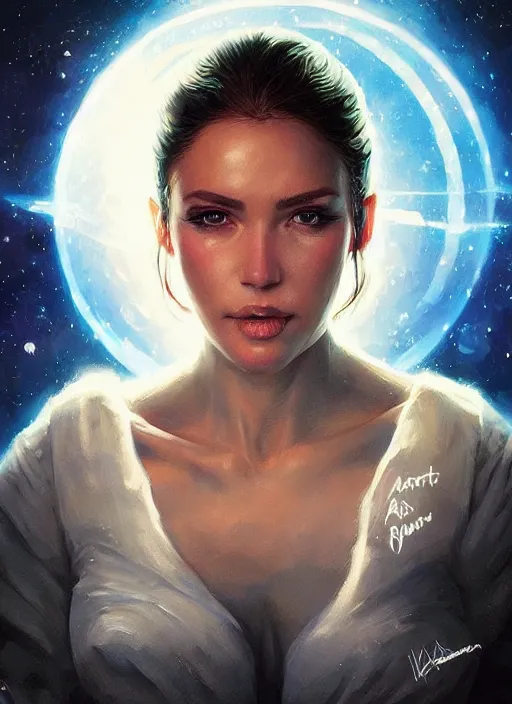 Prompt: a beautiful woman in a space themed ballgowm. beautiful highly detailed face. painting by artgerm and greg rutkowski and magali villanueve.