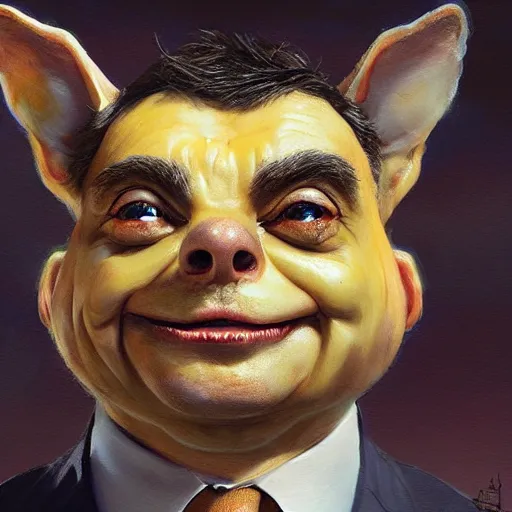 Image similar to hyper realistic, close up portrait of a derpy mr. bean, big chungus covered in wet mac and cheese by greg rutkowski, scott m fischer, artgerm, loish, slight glow, atmospheric
