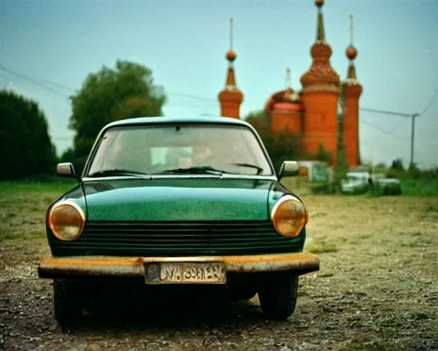 Image similar to a lomographic photo of old lada 2 1 0 7 standing in typical soviet yard in small town, hrushevka on background, cinestill, bokeh