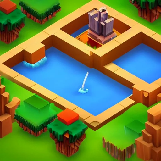 Image similar to isometric game level by style of clash of clans, beautiful lighting, concept art