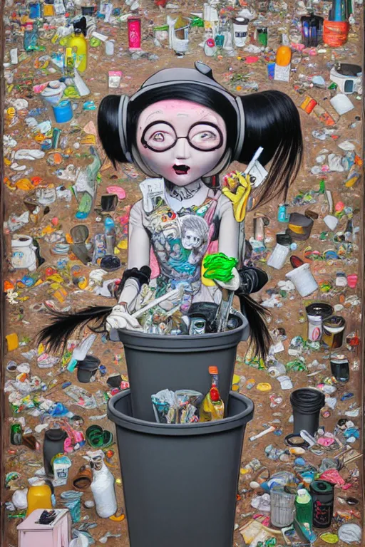 Prompt: full view, from a distance, of anthropomorphic trashcan duchamp, full of trash, style of yoshii chie and hikari shimoda and martine johanna, highly detailed