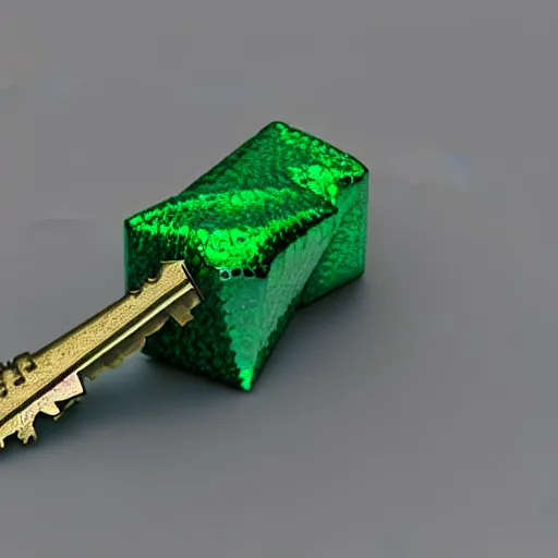 Image similar to a 3d game object of the metal key with large green diamond, icon, vray 4k render, on the white background, rpg game inventory item