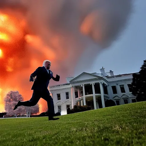 Image similar to detailed Joe Biden running away from a missile strike in the front yard of the White House, big explosion behind him, people running behind him out of focus, chaotic scene