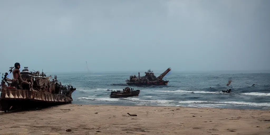 Image similar to sri lankan mad max style, ocean, big ship, film still, epic shot cinematography, rule of thirds