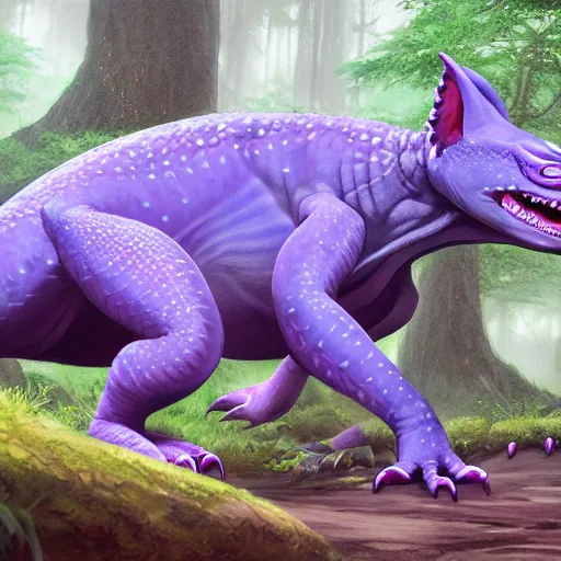 Image similar to concept art painting of an anthropomorphic purple gray reptile hybrid creature, in the deep forest, realistic, detailed, cel shaded, in the style of makoto shinkai and greg rutkowski and james gurney
