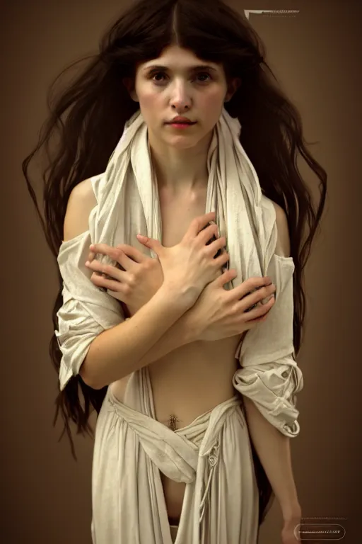 Prompt: cute girl portrait with open chest white ancient clothes by Alphonse Mucha and Octane Render