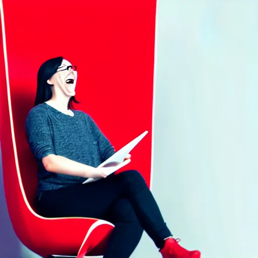 Image similar to a ux designer having loads of fun in a red chair with a big team creating wire frames