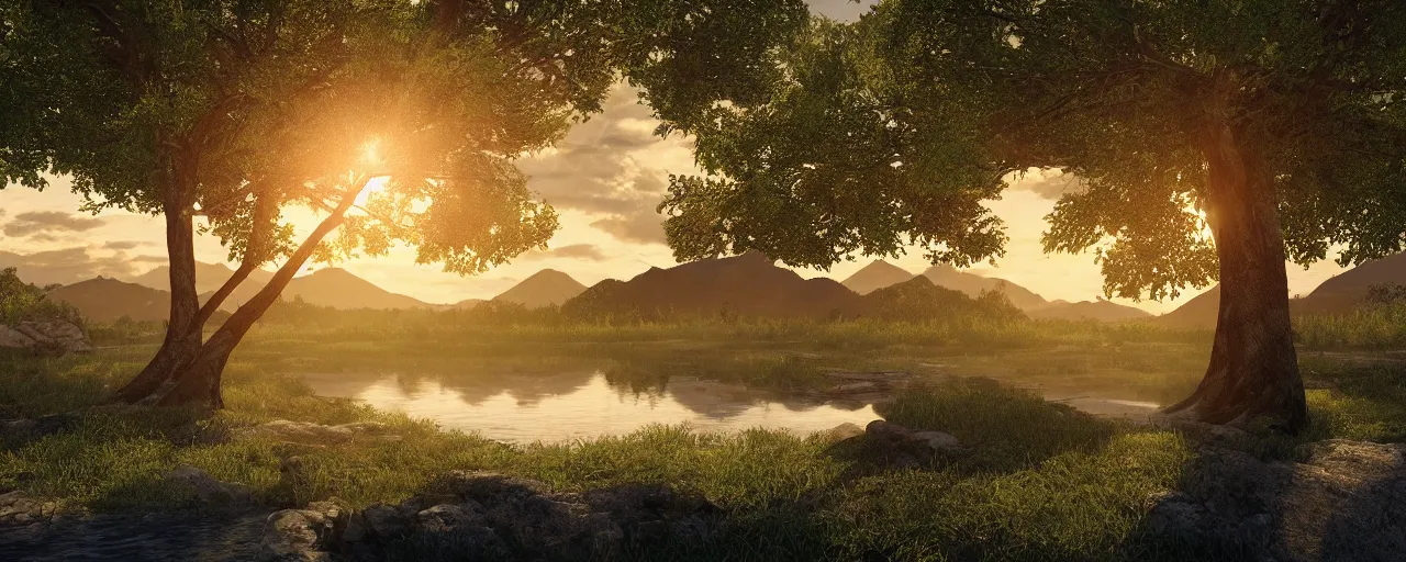 Prompt: big realistic tree near to a river on sunset with reflection on the leaves and mountains in the background, landscape, extremely high fidelity, 8 k, super resolution, concept art, cinematic view, super resolution, unreal engine 5, perspective 3 d octane render, light rays, lens flare, epic, hyperdetailed