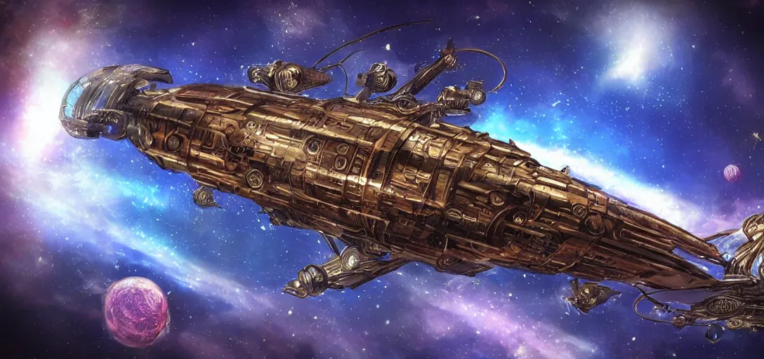 Image similar to futuristic digital art of a steampunk spaceship, deep space background,