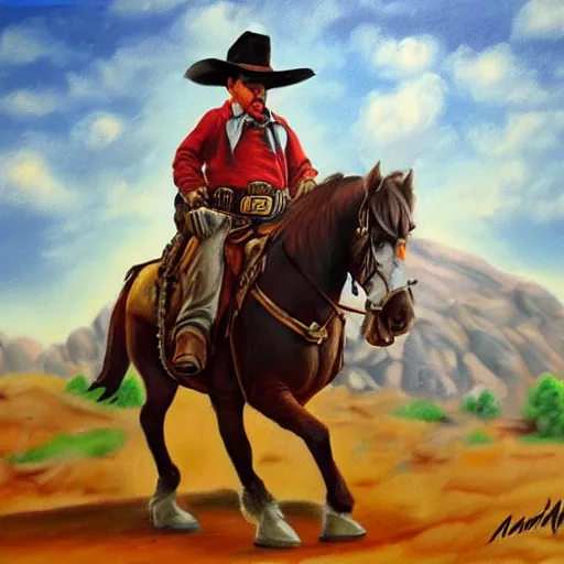 Image similar to mario dressed as a cowboy fighting outlaws in the wild west oil painted