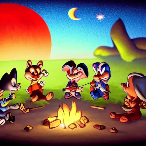 Image similar to tiny toons in real life sitting around a campfire telling stories, photographic, 3D, UE5, photorealistic, ultrarealistic, hyper realistic, drum scanner, dark vignette, burning embers, nostalgic, muted colors, slightly drunk, candy rush, autochrome, tranquil, starry night, 4K, 8K, HQ