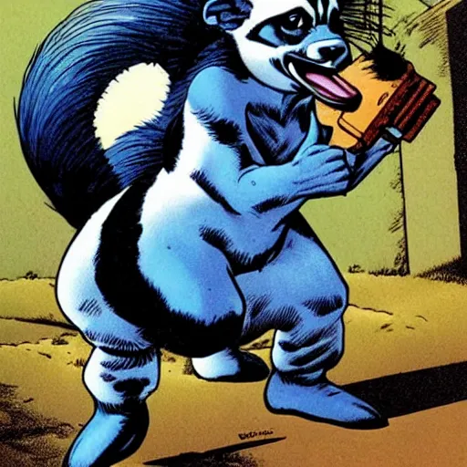 Image similar to a skunk that is blue by richard corben style