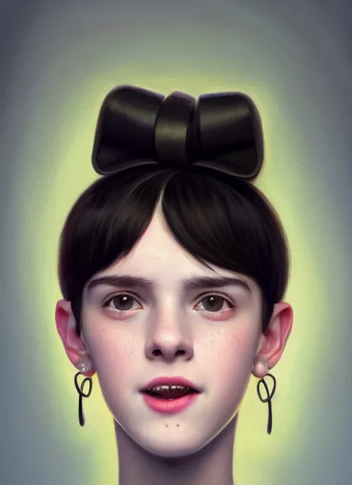 Image similar to portrait of white teenage girl, narrow face, short black hair, bangs, half updo hairstyle, buck toothed big smile, unattractive, defined jawline, long chin, wearing hair bow, earrings, intricate, elegant, glowing lights, highly detailed, digital painting, artstation, sharp focus, illustration, art by wlop, mars ravelo and greg rutkowski