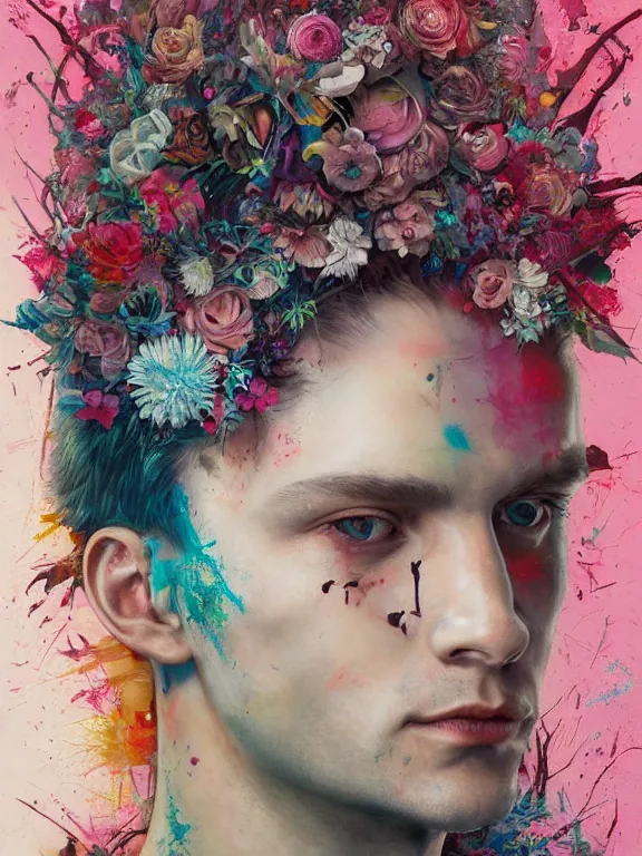 Prompt: art portrait of man with flower in head,by tristan eaton,Stanley Artgermm,Tom Bagshaw,Greg Rutkowski,Carne Griffiths,trending on DeviantArt,face enhance,chillwave,minimalist,ghost in the shell,decay,full of colour,