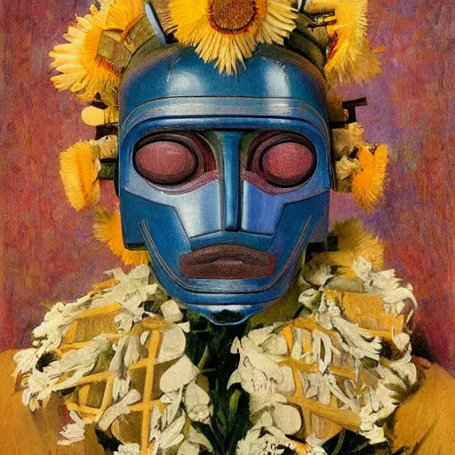Image similar to a painting of a robot wearing a mask made of flowers, by annie swynnerton and diego rivera, symbolist, dramatic lighting, elaborate geometric ornament, art brut, soft cool colors, smooth, sharp focus, extremely detailed, adolf wolfli
