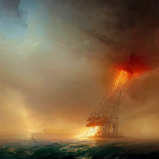 Prompt: giant sludge monster attacking oil rig in the ocean, by Ivan Aivazovsky and Bastien LeCouffe-Deharme