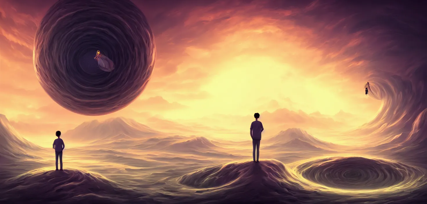 Image similar to a person standing in front of a large circular object, an album cover by cyril rolando, deviantart, magic realism, photoillustration, apocalypse art, matte drawing