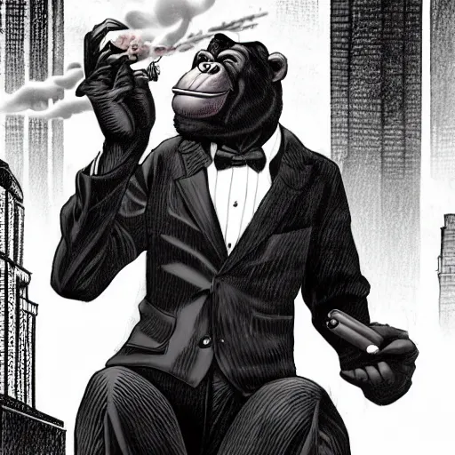 Prompt: A film noir anthropomorphic chimp detective wearing a suit and smoking a cigar, detailed face, in the background are buildings and restaurants, intricate, elegant, highly detailed, smooth, sharp focus, detailed face, high contrast, dramatic lighting, graphic novel, art by Ardian Syaf and Pepe Larraz,