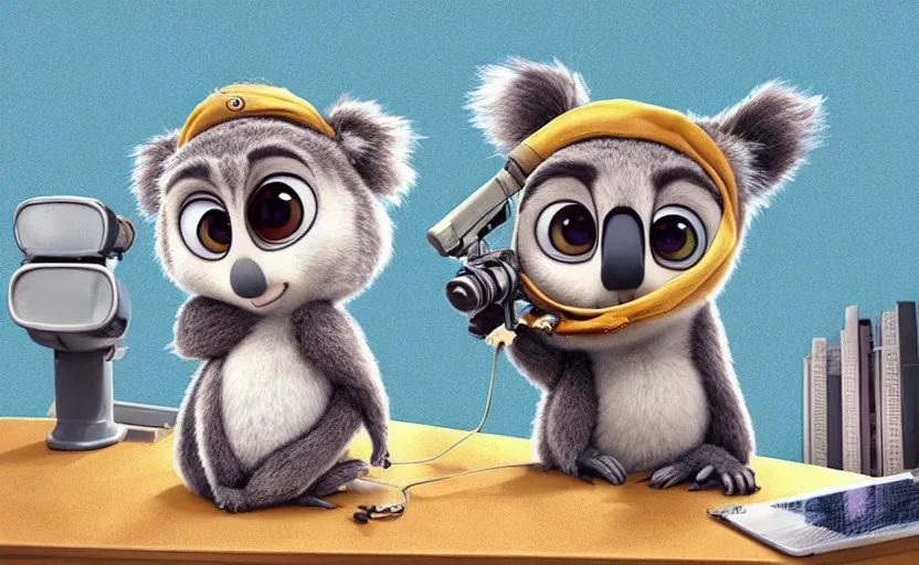 Image similar to “ cute koala with very big eyes, wearing a bandana and chain, holding a laser gun, standing on a desk, digital art, award winning, in the style of the movie zootopia ”