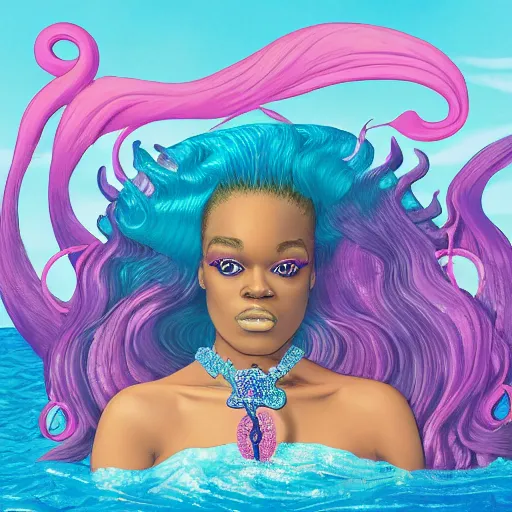 Image similar to azealia banks fantasea ii : the second wave album cover, seapunk 2. 0, yemaya, madre agua, rapunzel mermaid hair