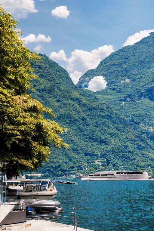 Prompt: Photo of a Riva Aquarama floating near a dock with Lake Como in the background, wide shot, daylight, blue sky, summer, dramatic lighting, award winning, highly detailed, 1980s, luxury lifestyle, fine art print, best selling.