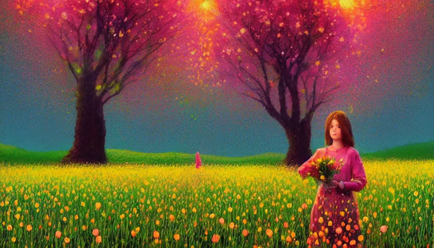 Image similar to girl with an blooming flower face, surreal photography, dream, standing in flower field, hills, big trees, sunrise dramatic light, impressionist painting, colorful clouds, digital painting, pointillism, artstation, simon stalenhag