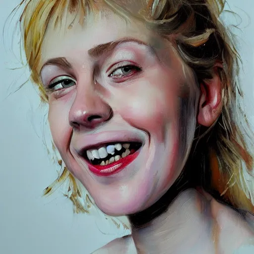 Prompt: portrait painting of woman from scandinavia, teenager, blonde hair, daz, occlusion, smiling and looking directly, brushstrokes, white background, art by enki bilal