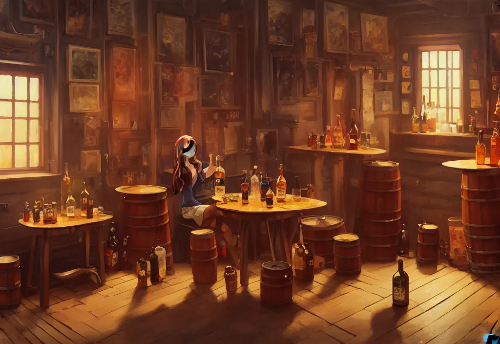 Prompt: small saloon interior with barrels tables and bottles, intricate oil painting, high detail illustration, sharp high detail, manga and anime 1 9 9 9, official fanart behance hd artstation by jesper ejsing and makoto shinkai, 4 k,