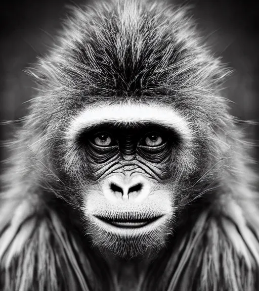 Image similar to Award winning Editorial photograph of Early-medieval Scandinavian Folk monkey with incredible hair and fierce hyper-detailed eyes by Lee Jeffries, 85mm ND 4, perfect lighting, wearing traditional garb, With huge sharp jagged Tusks and sharp horns, gelatin silver process