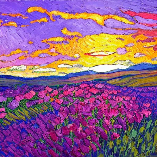 Image similar to a painting of a sunset over a field of flowers, an oil painting by erin hanson, deviantart, american impressionism, rich color palette, impressionism, fauvism