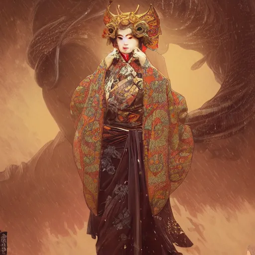 Prompt: a photorealistic dramatic fantasy render of a beautiful woman wearing a beautiful intricately detailed japanese cow kitsune mask and clasical japanese kimono by wlop, artgerm, greg rutkowski, alphonse mucha, beautiful dynamic dramatic dark moody lighting, shadows, cinematic atmosphere, artstation, concept design art, octane render, 8 k