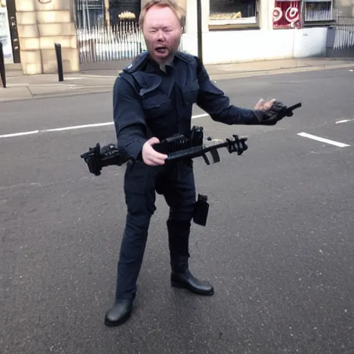 Image similar to Limmy as solid snake ballooning a policeman in Glasgow,