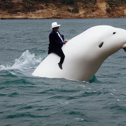 Prompt: lou bega riding a beluga, photograph