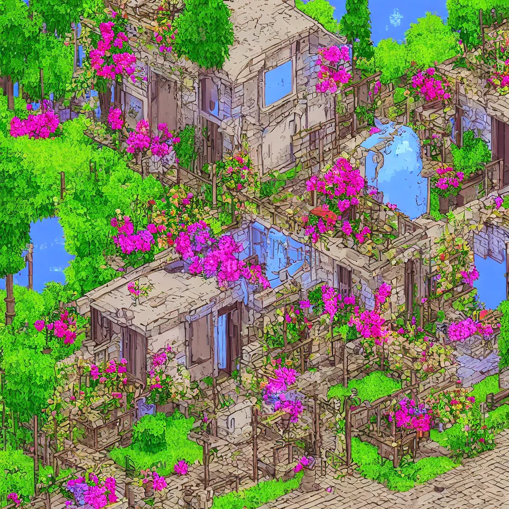 Prompt: a house with flowers in front of it, from a point and click graphic adventure game made in 1992