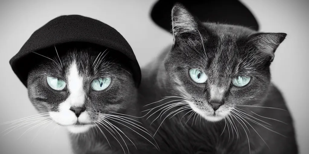 Image similar to a close up sad cat wearing a black hoodie, black hat, studio potrait, dramatic lighting, black background, highly detailed