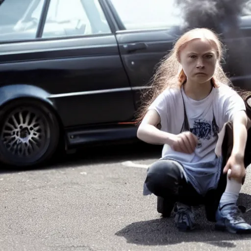 Image similar to close - up of angry greta thunberg with a bmw m 3 e 3 0 in the background, spewing black smoke from it's exhaust