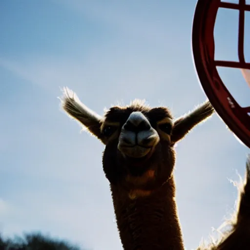 Image similar to film still of a llama dunking a basketball, low angle, extreme long shot, indoors, dramatic backlighting