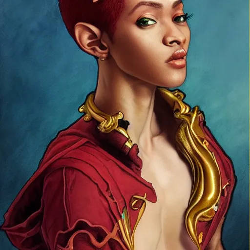 Prompt: a beautiful and androgynous half - elf with dark skin tone and messy short red hair dressed in a colorful jodhpuri suit, dnd character, golden aura, realistic portrait by ross tran and gerald brom and kehinde wiley and fernando amorsolo and alphonse mucha, trending on artstation