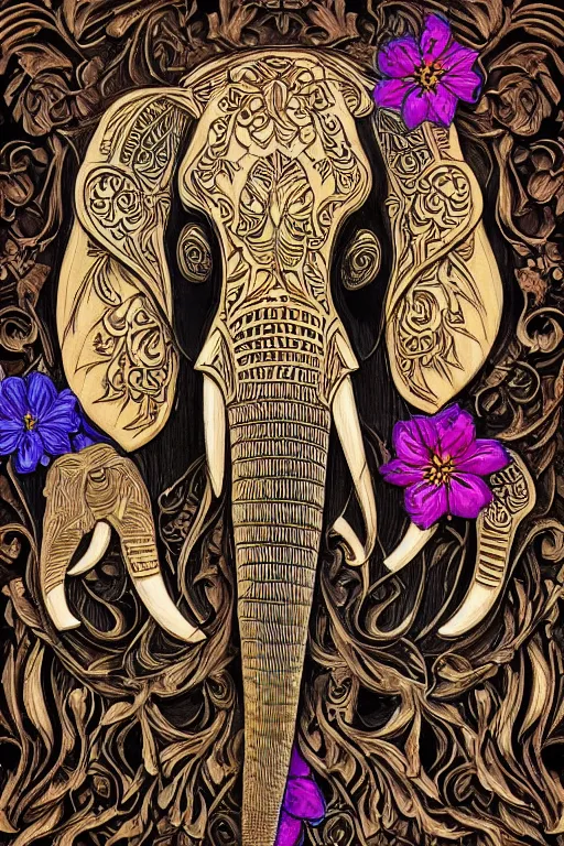 Image similar to Painted dark-wood panel relief carving of a close up of a Flowerpunk Matriarch Elephant, ornate border frame, explosion of colorful flowers, dark wood, intricately carved, black ink, festival of rich colors, intricate details, cinematic lighting, volumetric lighting, post-processing, art nouveau, by andreas rocha and john howe, and Martin Johnson Heade, featured on artstation, featured on behance, golden ratio, hyper detailed, photorealistic, epic composition, center spotlight, f32, well composed, symmetrical, UE5, 8k