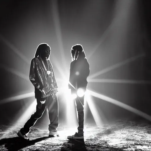 Prompt: a dramatic photograph of snoop dog and bob marley in concert in an infinite universe of mystical light, ground haze, dramatic lighting, filmic, cinematographic, sci - fi