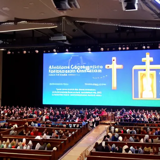 Image similar to large church congregation in service with a robot on a huge screen